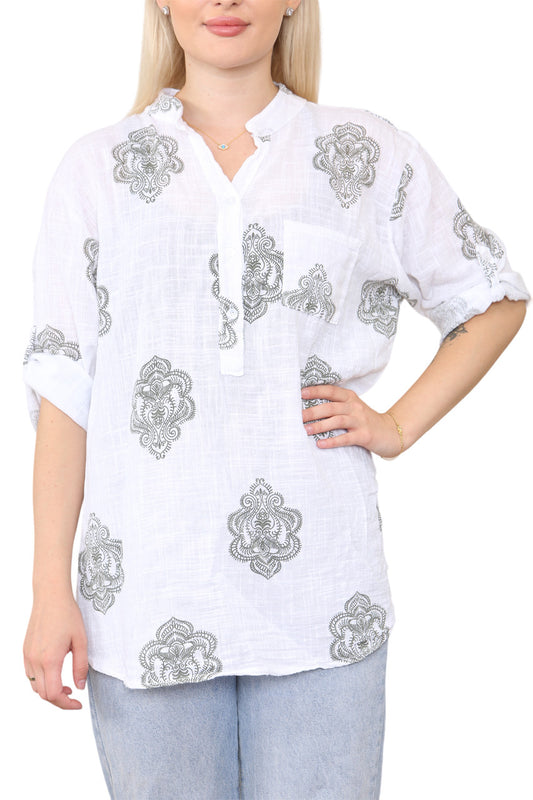 PAISLEY ORNAMENTO PRINT GRANDAD SHIRT TOP KHAKI