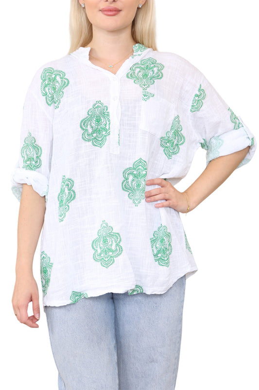 PAISLEY ORNAMENTO PRINT GRANDAD SHIRT TOP GREEN