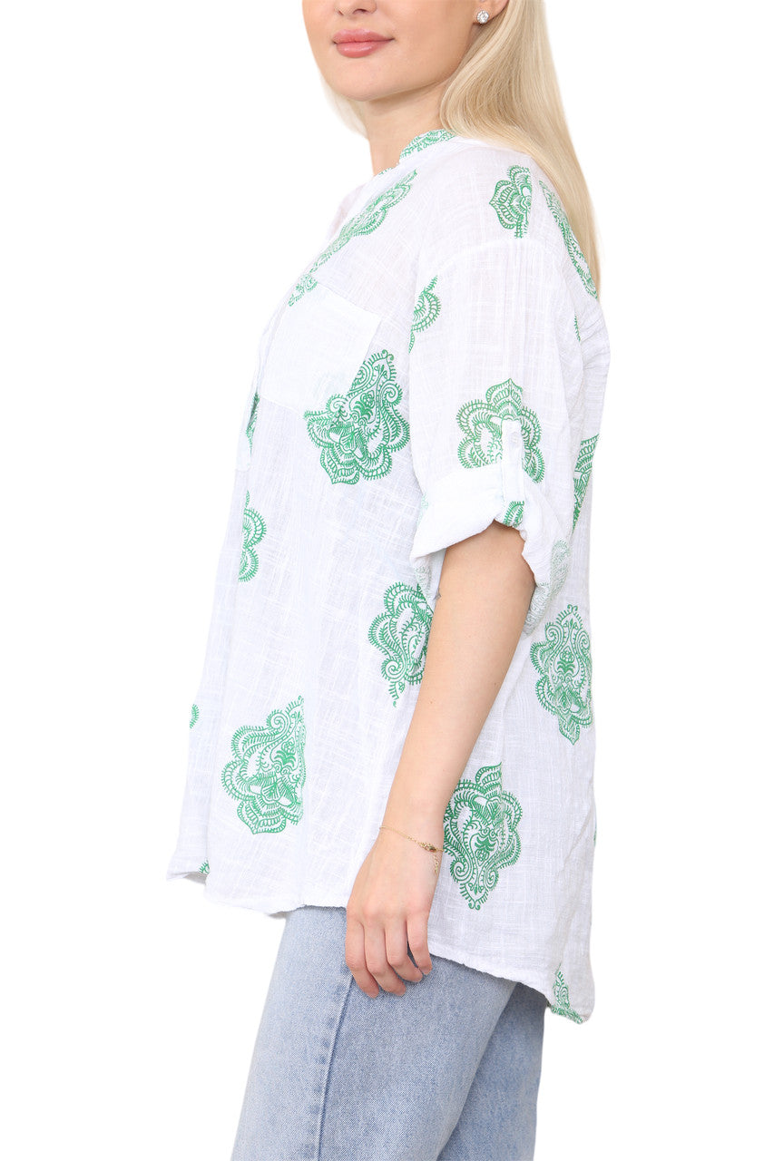 PAISLEY ORNAMENT PRINT GRANDAD SHIRT TOP GROEN