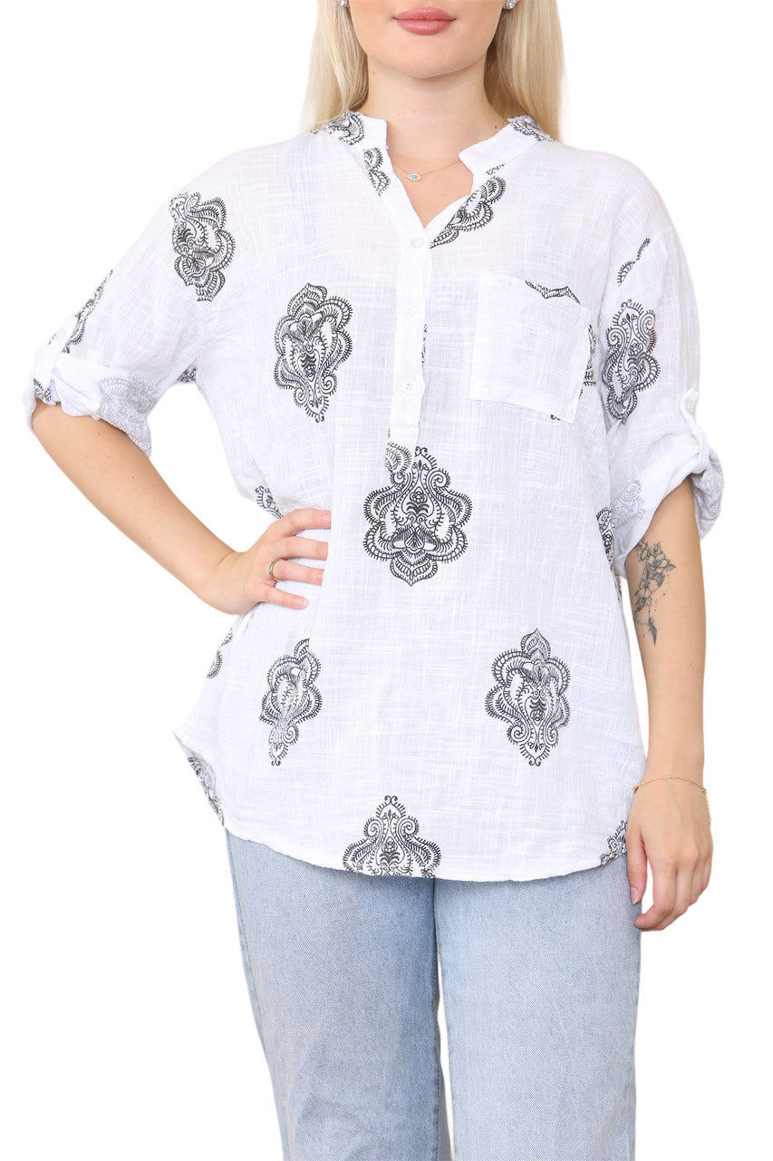 PAISLEY ORNAMENTO PRINT GRANDAD SHIRT TOP BLACK