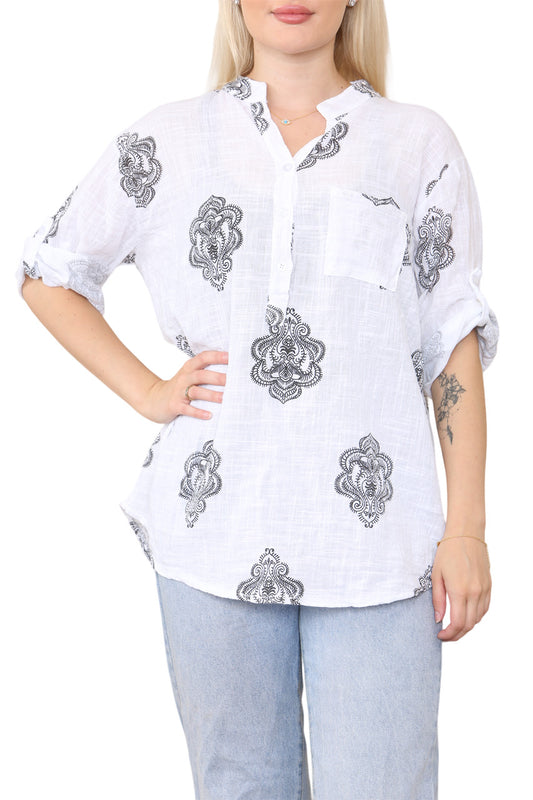 PAISLEY ORNAMENTO PRINT GRANDAD SHIRT TOP BLACK