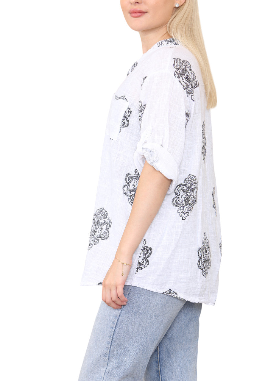 PAISLEY ORNAMENTO PRINT GRANDAD SHIRT TOP BLACK