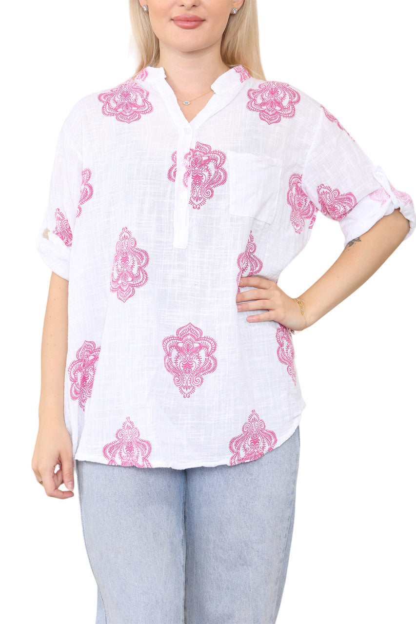 PAISLEY ORNAMENTO PRINT GRANDAD SHIRT TOP CERISE