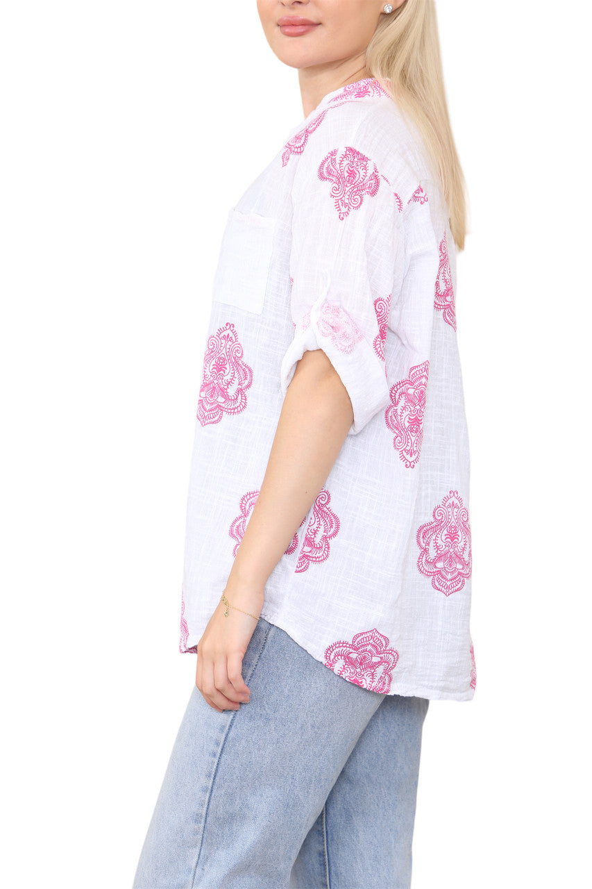 PAISLEY ORNAMENTO PRINT GRANDAD SHIRT TOP CERISE