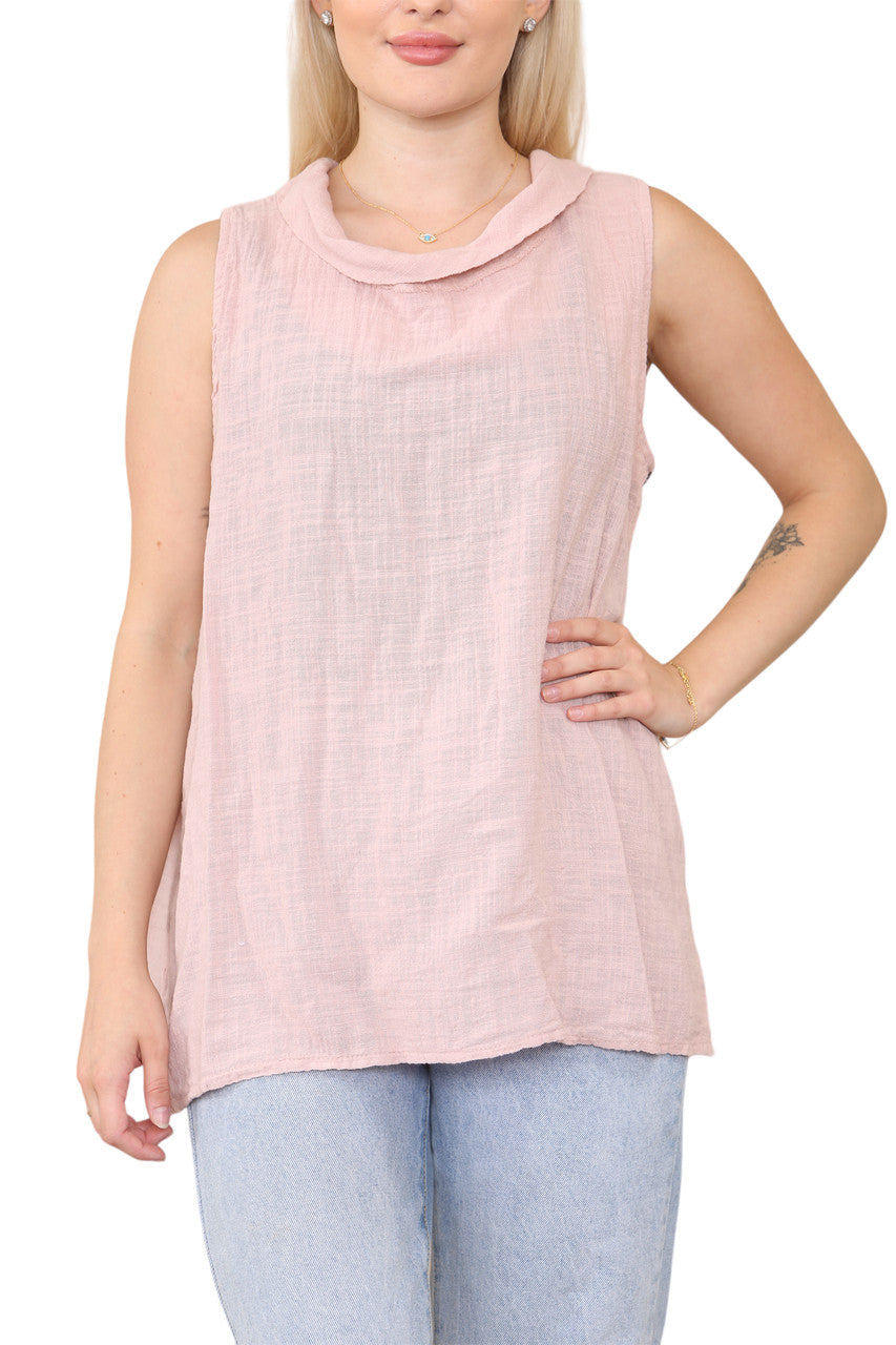 Ladies Cowl Neck Button Side Detail Sleeveless Vest Top Dusty Pink