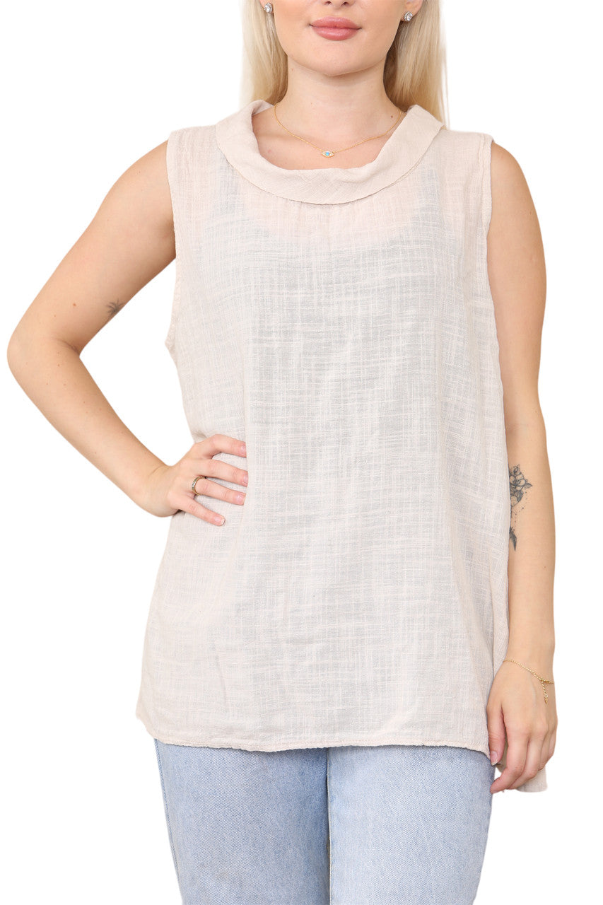 Ladies Cowl Neck Button Side Detail Sleeveless Vest Top Stone