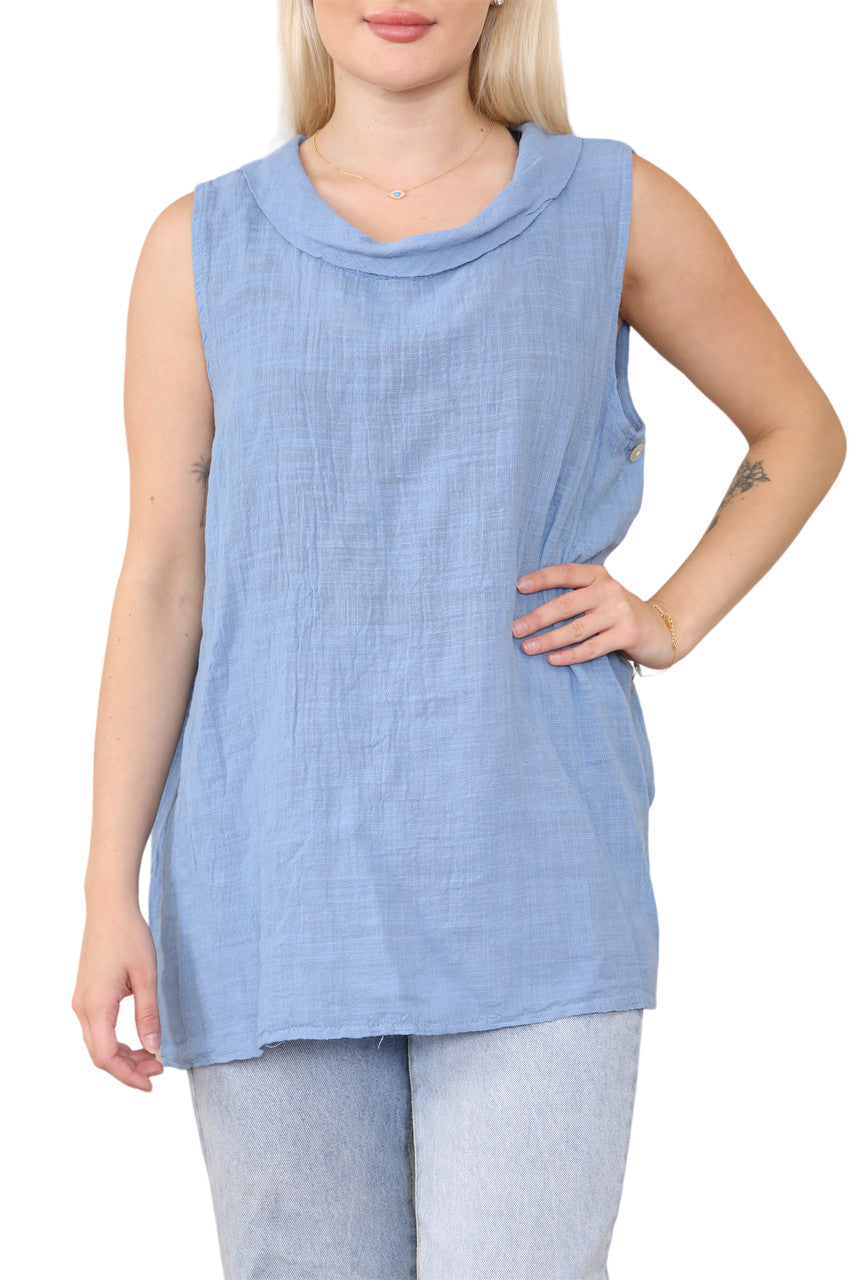 Ladies Cowl Neck Button Side Detail Sleeveless Vest Top Denim
