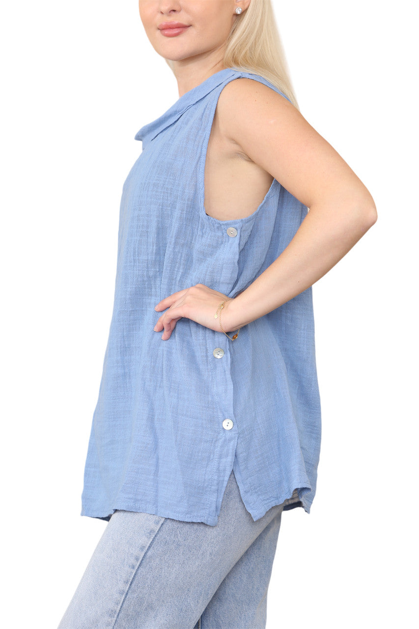 Ladies Cowl Neck Button Side Detail Sleeveless Vest Top Denim