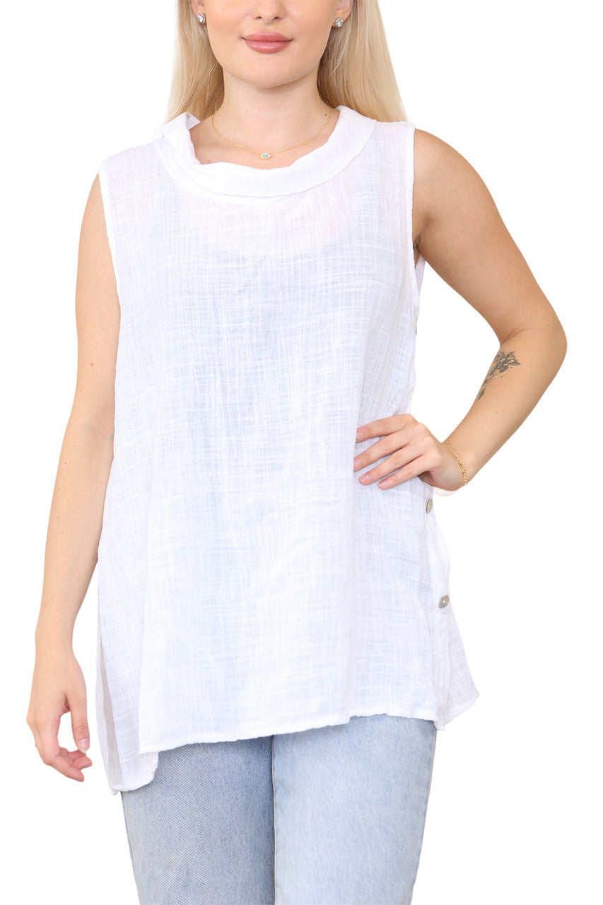 Ladies Cowl Neck Button Side Detail Sleeveless Vest Top White