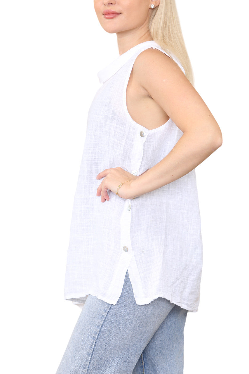 Ladies Cowl Neck Button Side Detail Sleeveless Vest Top White