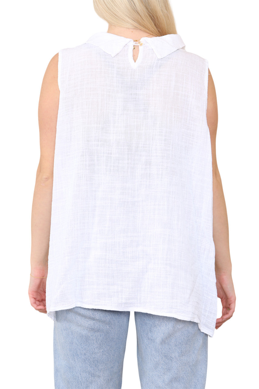 Ladies Cowl Neck Button Side Detail Sleeveless Vest Top White