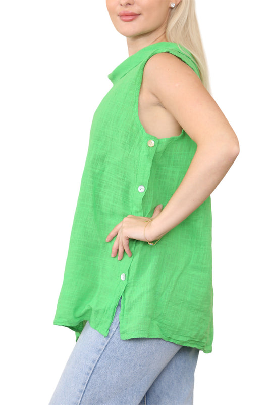 Ladies Cowl Neck Button Side Detail Sleeveless Vest Top Green