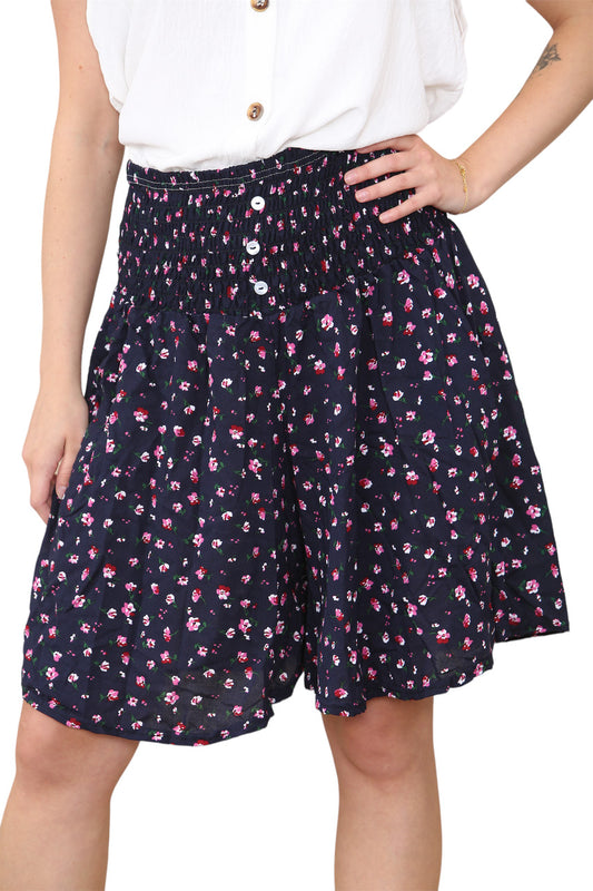 Dames Katoenen Shorts met Ditsy Bloemenprint en Shirring, 2-weg, Marineblauw