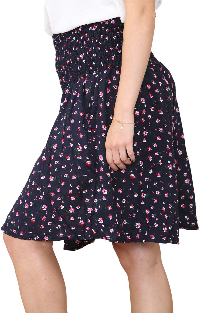 Ladies Cotton Ditsy Flowers Shirred 2 Way Shorts Navy