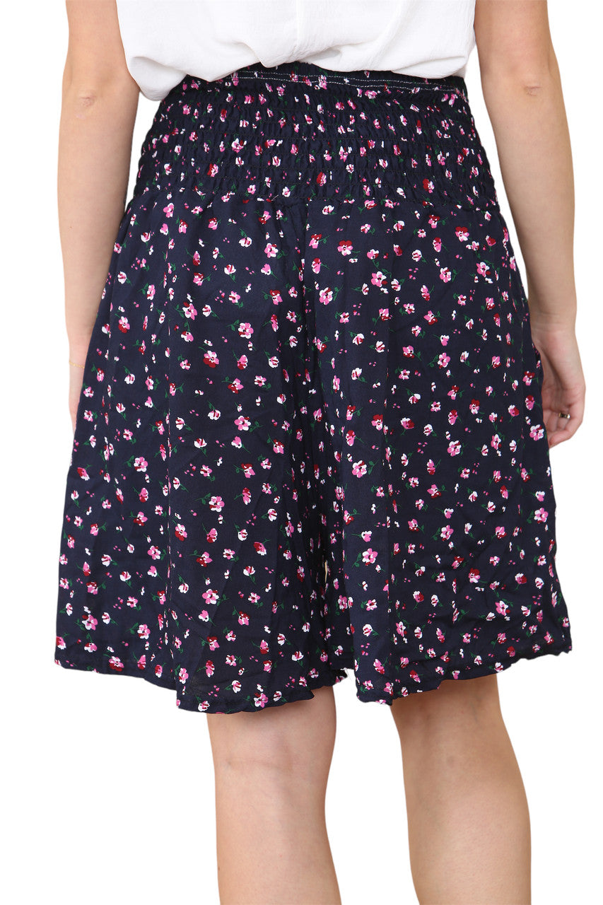 Ladies Cotton Ditsy Flowers Shirred 2 Way Shorts Navy