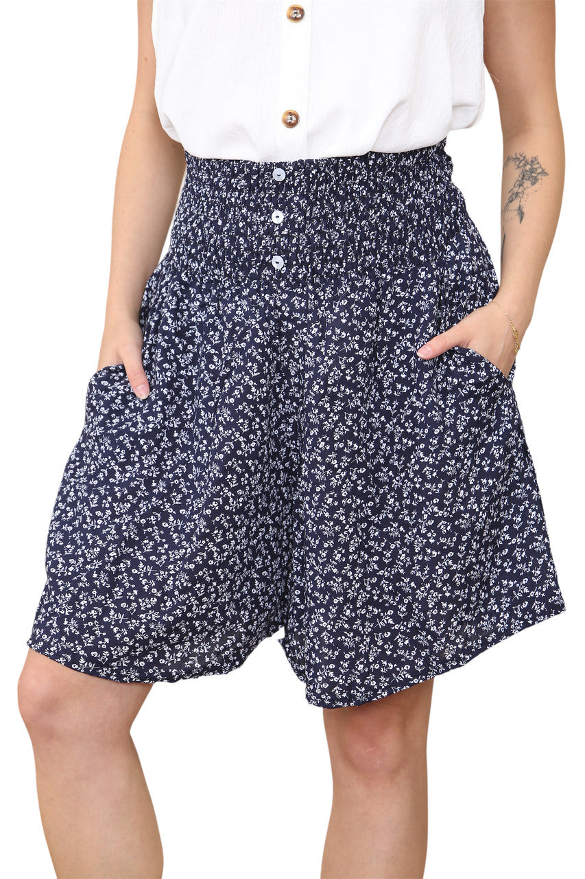 Ladies Cotton Ditsy Rose Shirred 2 Way Shorts Navy