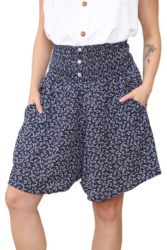 Dames Katoenen Shorts met Rozenprint en Smockwerk, Draagbaar op 2 Manieren - Marine
