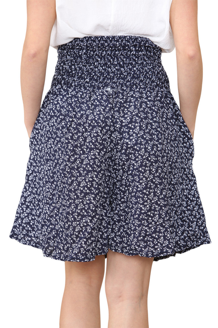 Ladies Cotton Ditsy Rose Shirred 2 Way Shorts Navy