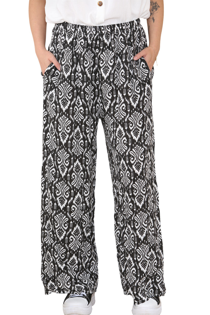 Ladies Aztec Tribal print Elasticated Waist Trousers Black