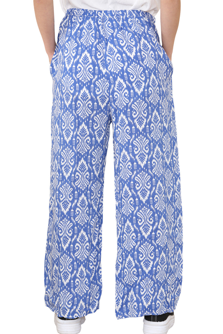 Ladies Aztec Tribal print Elasticated Waist Trousers Royal Blue