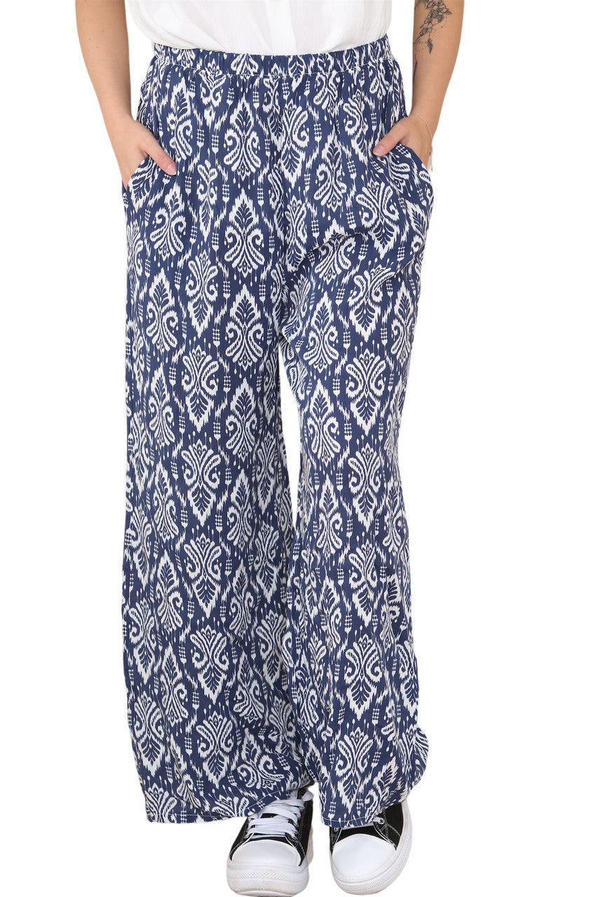Ladies Aztec Tribal print Elasticated Waist Trousers Navy