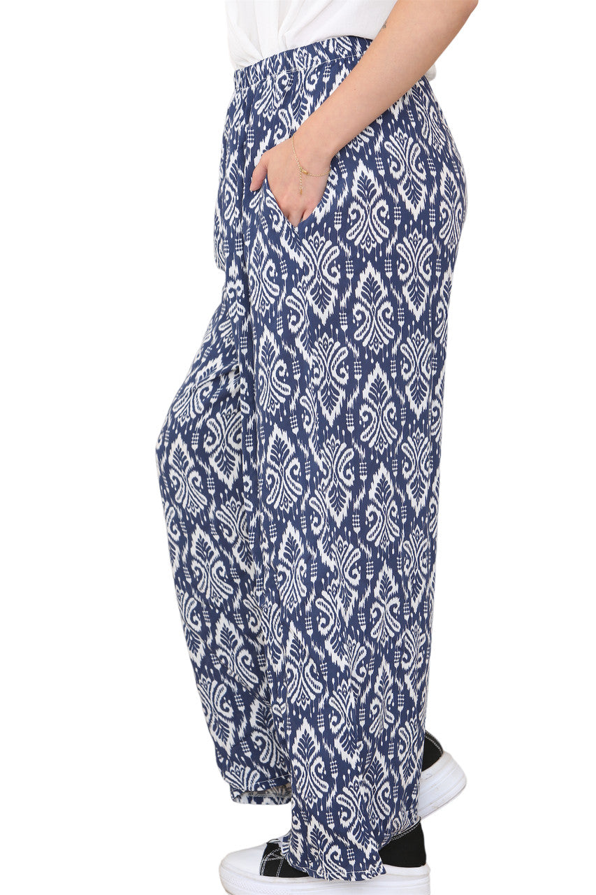 Ladies Aztec Tribal print Elasticated Waist Trousers Navy