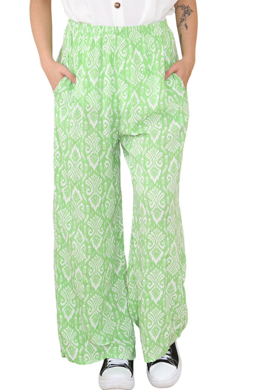 Ladies Aztec Tribal print Elasticated Waist Trousers Lime