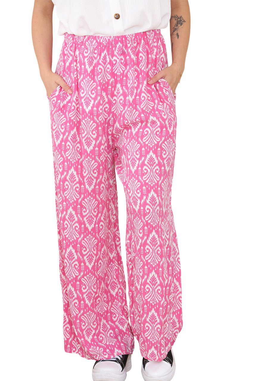 Ladies Aztec Tribal print Elasticated Waist Trousers Cerise