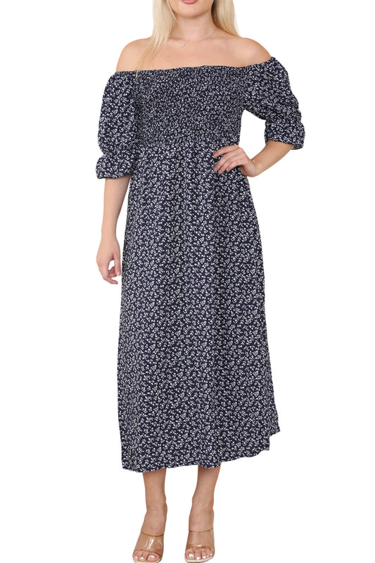 Ladies Shirred Floral Ditsy Rose Print Dress Navy