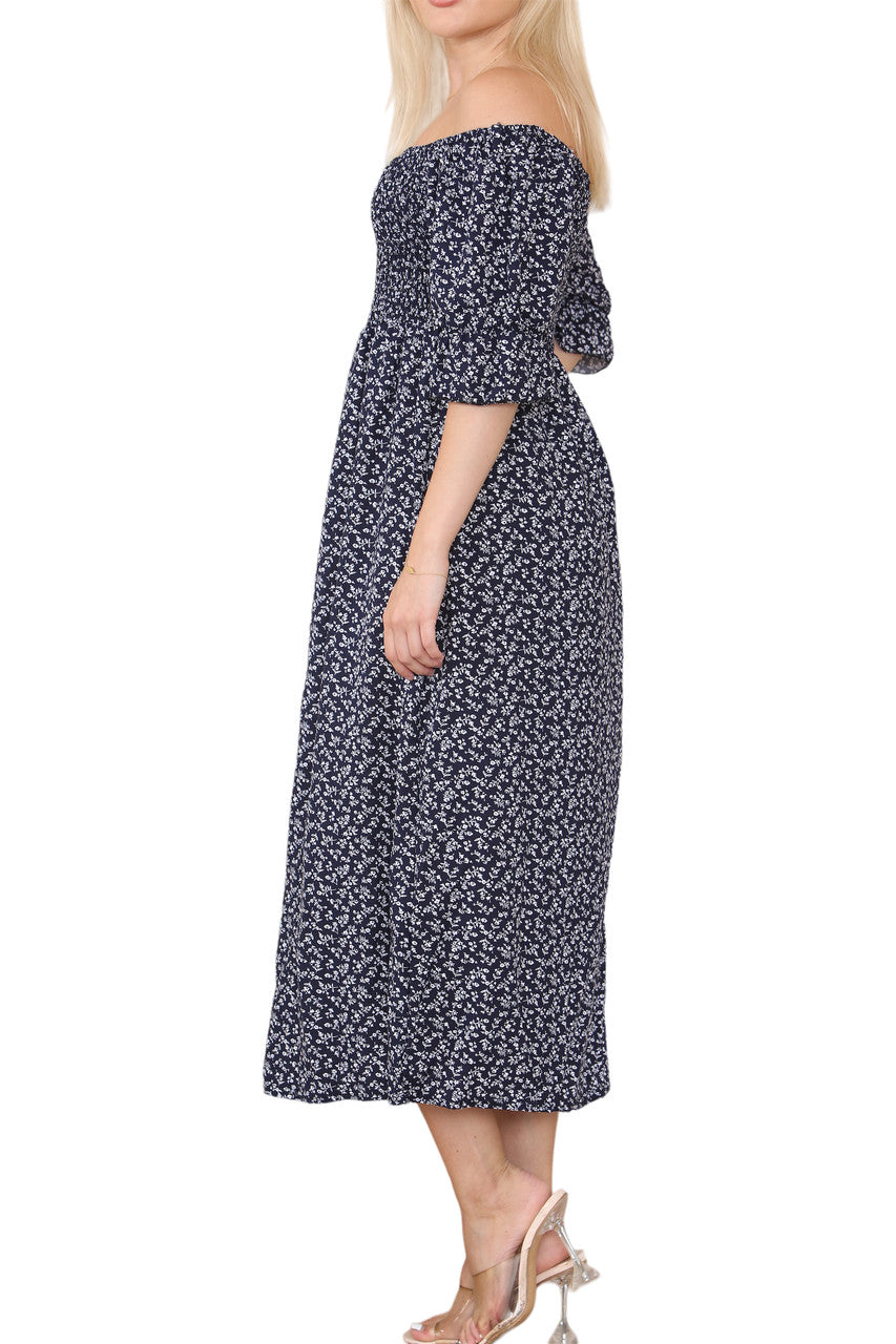 Ladies Shirred Floral Ditsy Rose Print Dress Navy