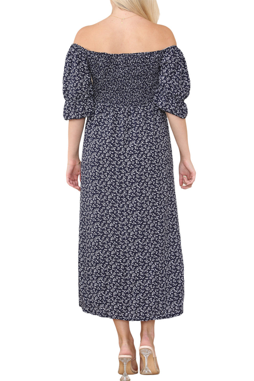 Ladies Shirred Floral Ditsy Rose Print Dress Navy