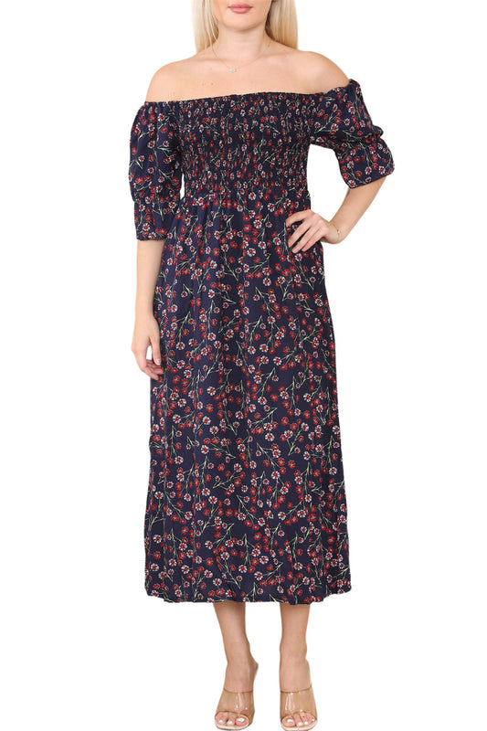 Ladies Shirred Floral Embroidery Print Dress Navy