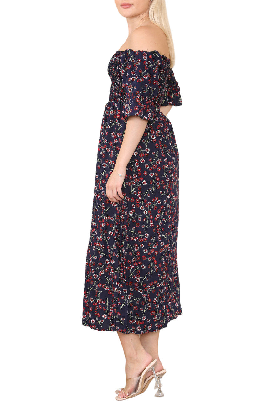 Ladies Shirred Floral Embroidery Print Dress Navy
