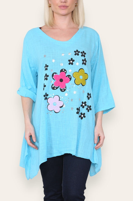 FLORAL STAMP PATCHWORK PRINT TOP TURQUOISE