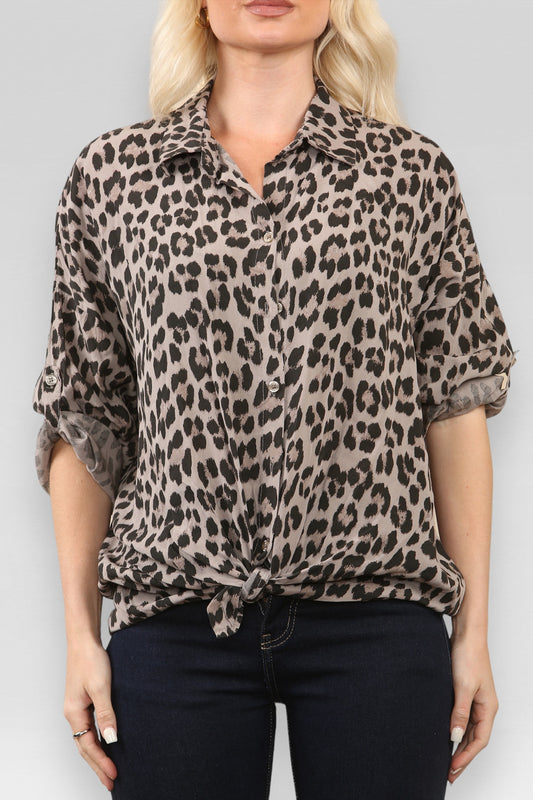 LEOPARD PRINT TIE FRONT SHIRT TAUPE