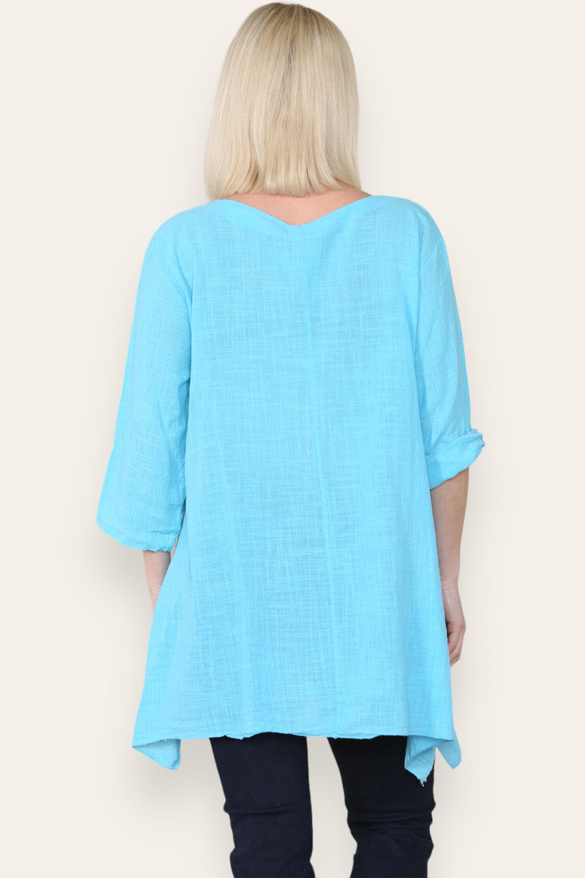 FLORAL STAMP PATCHWORK PRINT TOP TURQUOISE