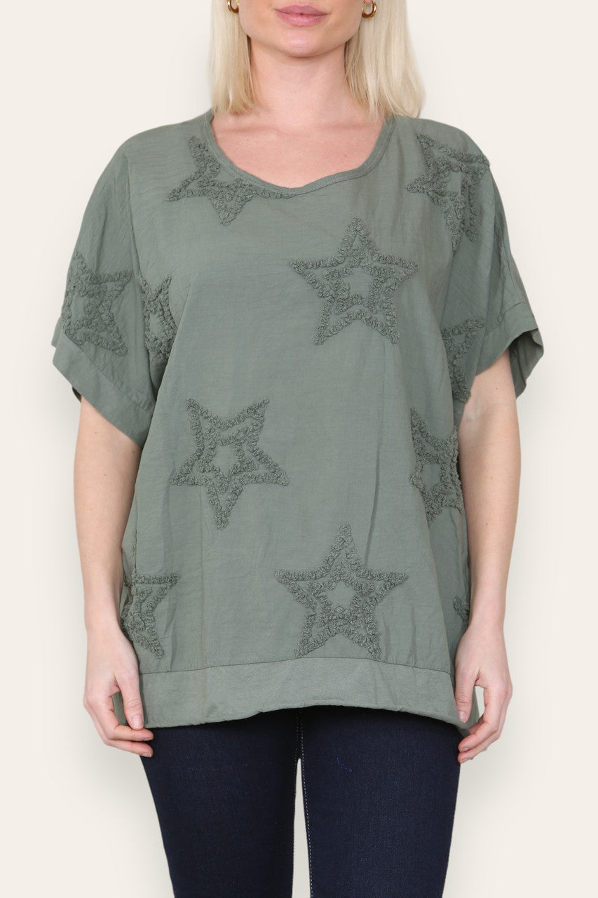 RUFFLE STAR APPLIQUE DETAIL TOP KHAKI