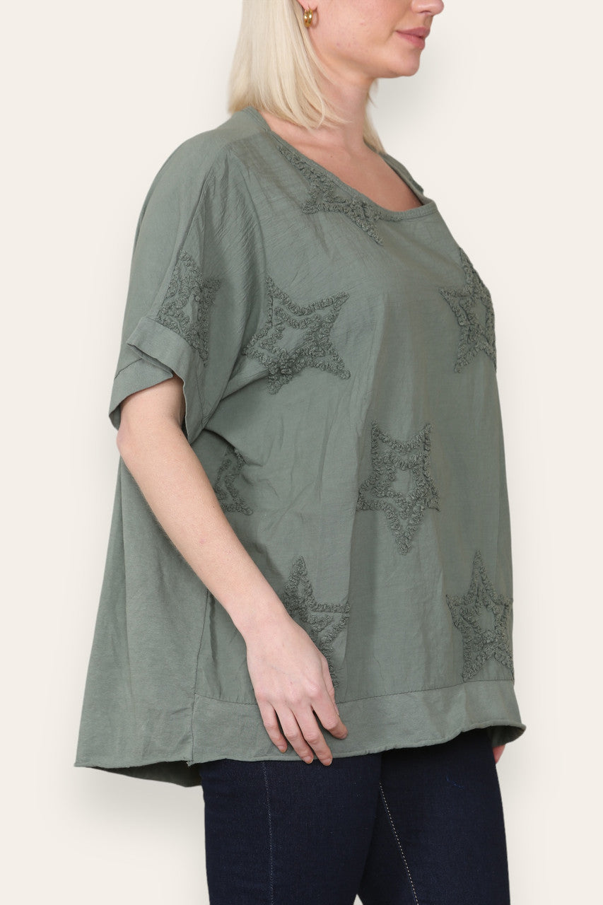 RUFFLE STAR APPLIQUE DETAIL TOP KHAKI