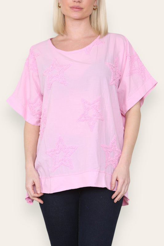 RUFFLE STAR APPLIQUE DETAIL TOP PINK