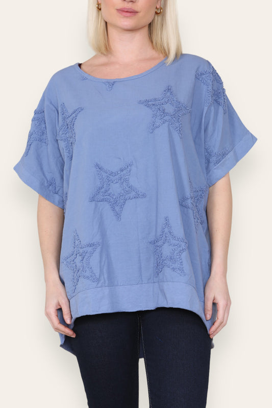 RUFFLE STAR APPLIQUE DETAIL TOP DENIM