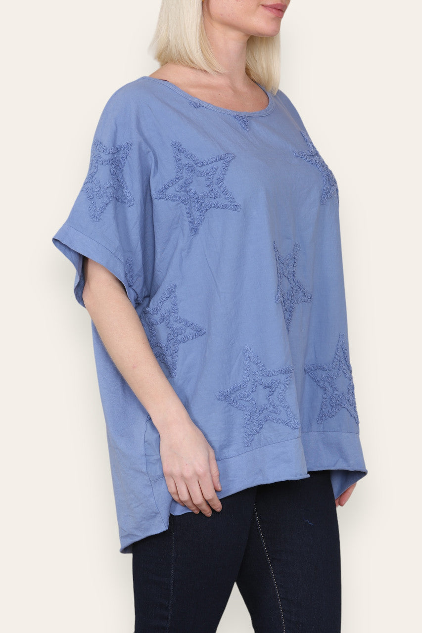 RUFFLE STAR APPLIQUE DETAIL TOP DENIM