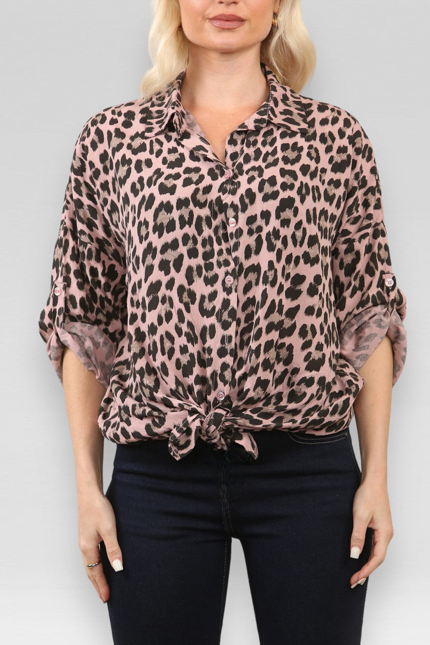 BLOUSE MET LUIOPAARDPRINT EN STRIKROK ROZE