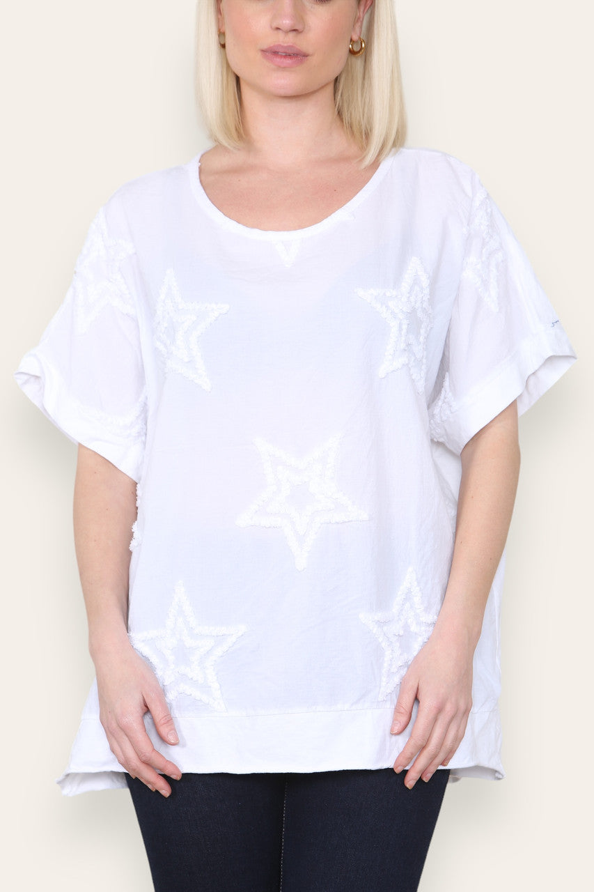 RUFFLE STAR APPLIQUE DETAIL TOP WHITE