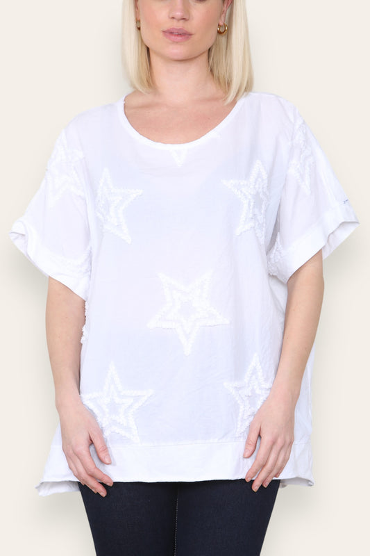 RUFFLE STAR APPLIQUE DETAIL TOP WHITE