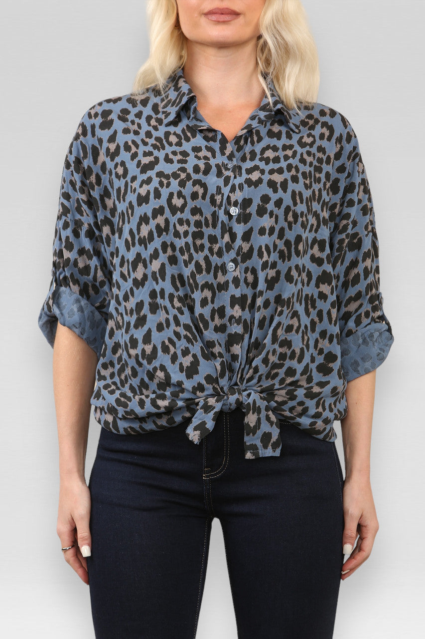 LUIPAARDPRINT BLOES MET STROPDASJE DENIM
