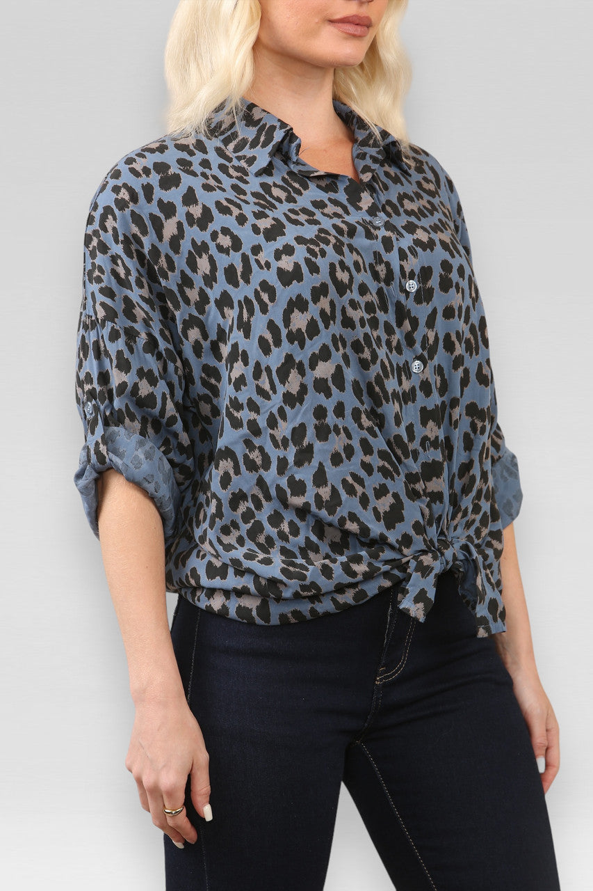 LUIPAARDPRINT BLOES MET STROPDASJE DENIM