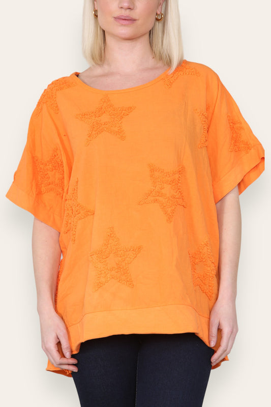 RUFFLE STAR APPLIQUE DETAIL TOP ORANGE