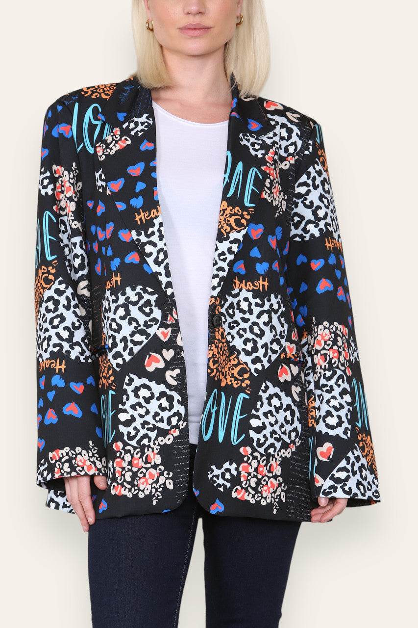 MIX LEOPARD HEART PRINT FULLY LINED BLAZER BLACK