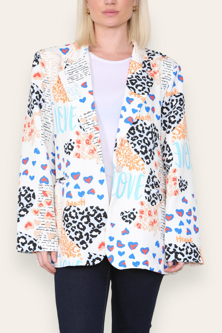 MIX LEOPARD HEART PRINT FULLY LINED BLAZER WHITE