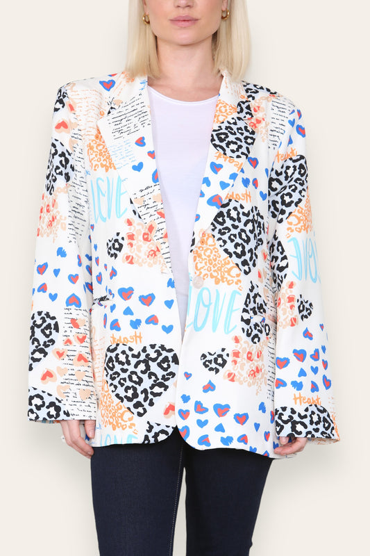 MIX LEOPARD HART PRINT VOLLEDIG GEVOERDE BLAZER WIT